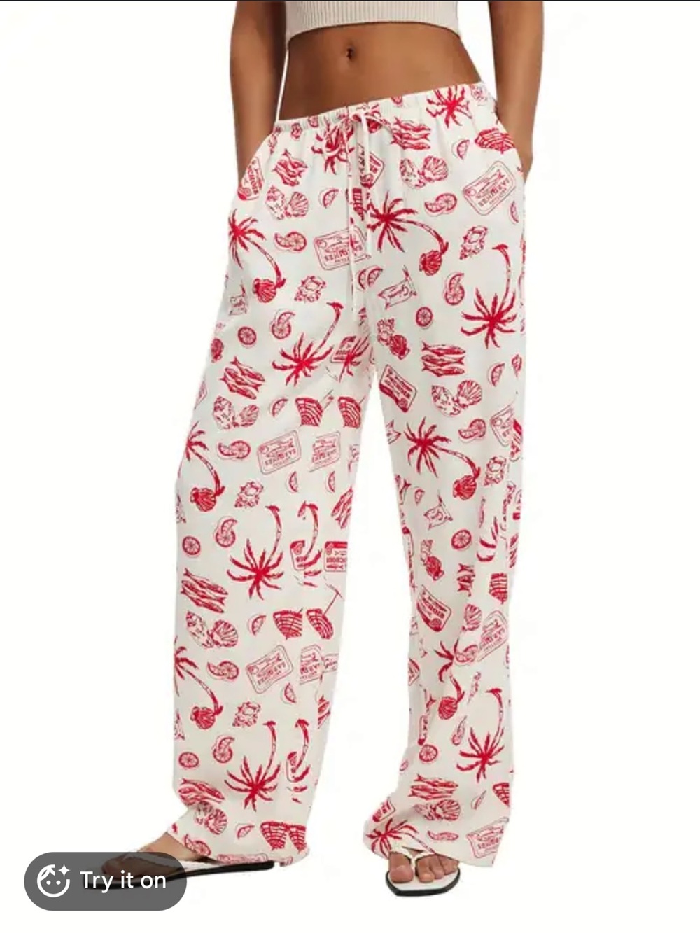 wild fable cream Pants with Red Shell Print linen beach pants